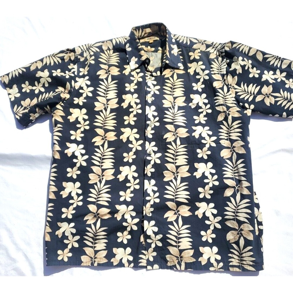 Campia‎ Mens Large Moda Mens Aloha Hawaiian Button Up Shirt Black L luau Cotton